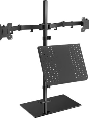Free Standing Dual Monitor and Laptop Stand, Height Adjustable Laptop Mount with Glass Base, Monitor Mount Fits up to 27 inch Monitors and 17 inch Laptops , Black