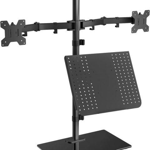 Free Standing Dual Monitor and Laptop Stand, Height Adjustable Laptop Mount with Glass Base, Monitor Mount Fits up to 27 inch Monitors and 17 inch Laptops , Black