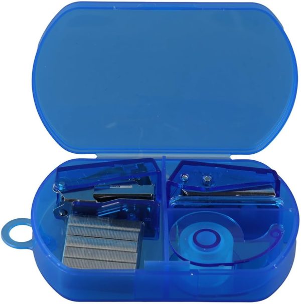 Blue Mini Office Supply Set Mini Portable Case,Include Mini Stapler,Tape Dispenser,Hole Puncher,Staples, for Office, Home, Gifts