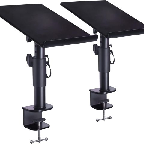 Studio Monitor Stands - Music Studio Desktop Speaker Stand - 2 Pack 12x9 Clamp-on Adjustable Short or Tall Speaker Support for Music Booth Desk Audio Monitor Stand Mount with Tilt