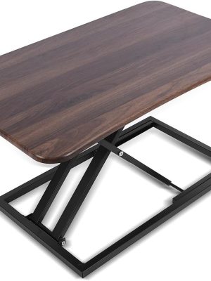 Adjustable Standing Desk Converter, 28.7“ Wide Tabletop Stand Up Desk Riser with Gas Spring, Desktop Stand Up Desk Fits Monitor or Laptop Riser Workstation, Fully Assembled Dark Walnut