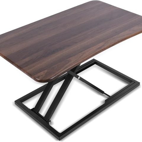 Adjustable Standing Desk Converter, 28.7“ Wide Tabletop Stand Up Desk Riser with Gas Spring, Desktop Stand Up Desk Fits Monitor or Laptop Riser Workstation, Fully Assembled Dark Walnut