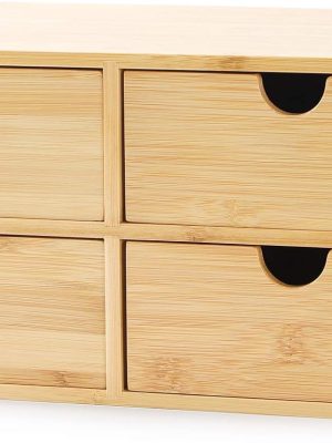 Bamboo Desk Organizer - Mini Desktop Drawer Tabletop Storage Organization Box for Office Home Toiletries Supplies, No Assembly Required (4 Drawer)