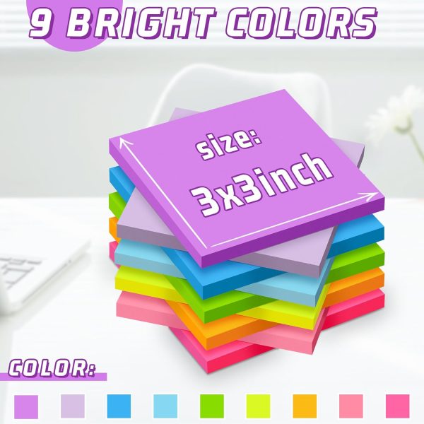 (36 Pack) Sticky Notes 3x3 in , 9 Bright Colors Self-Stick Note Pads it, Strong Adhesive, Easy to for Home, Office, Notebook