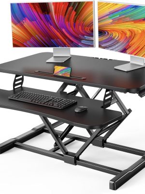 Standing Desk Converter, 36” Sit to Stand Desk with Keyboard Tray, Height Adjustable Stand Up Desk Riser for Home Office, Dual Monitor and Laptop Workstation, Black