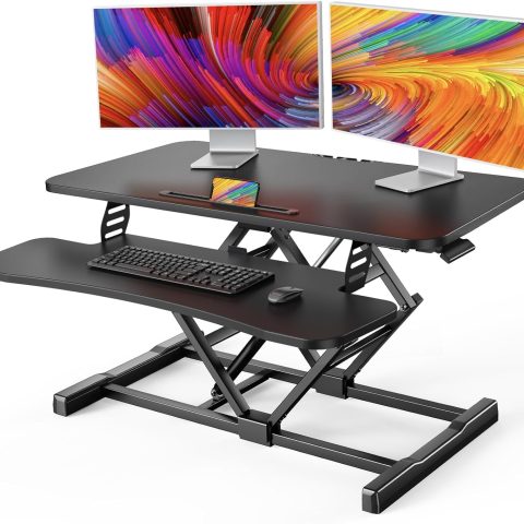 Standing Desk Converter, 36” Sit to Stand Desk with Keyboard Tray, Height Adjustable Stand Up Desk Riser for Home Office, Dual Monitor and Laptop Workstation, Black