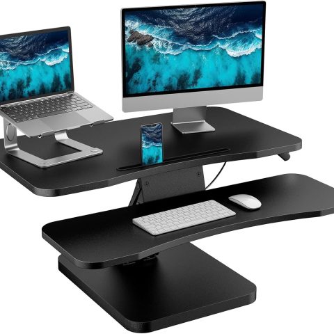 32 Inch Height Adjustable Standing Desk Converter, Sit to Stand Up Desk Riser with Wide Keyboard Tray for Home Office, Dual Monitor and Laptop standing desk topper , Black