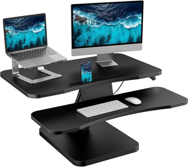32 Inch Height Adjustable Standing Desk Converter, Sit to Stand Up Desk Riser with Wide Keyboard Tray for Home Office, Dual Monitor and Laptop standing desk topper , Black