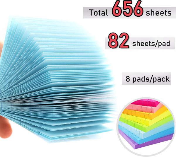 Lined Sticky Notes 3x3 in Bright Ruled Stickies Colorful Super Sticking Power Memo Pads, 82 Sheets/pad, 8 Pads/Pack