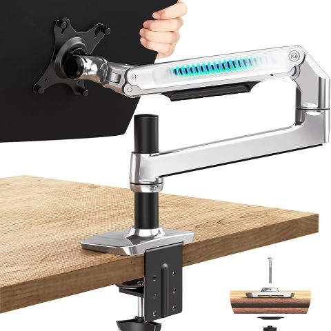 Single Monitor Arm Desk Mount, Holds Screens up to 40 Inches and 25 lbs, Fully Adjustable Monitor Mount with C-Clamp and Grommet Base, Aluminum, Silver